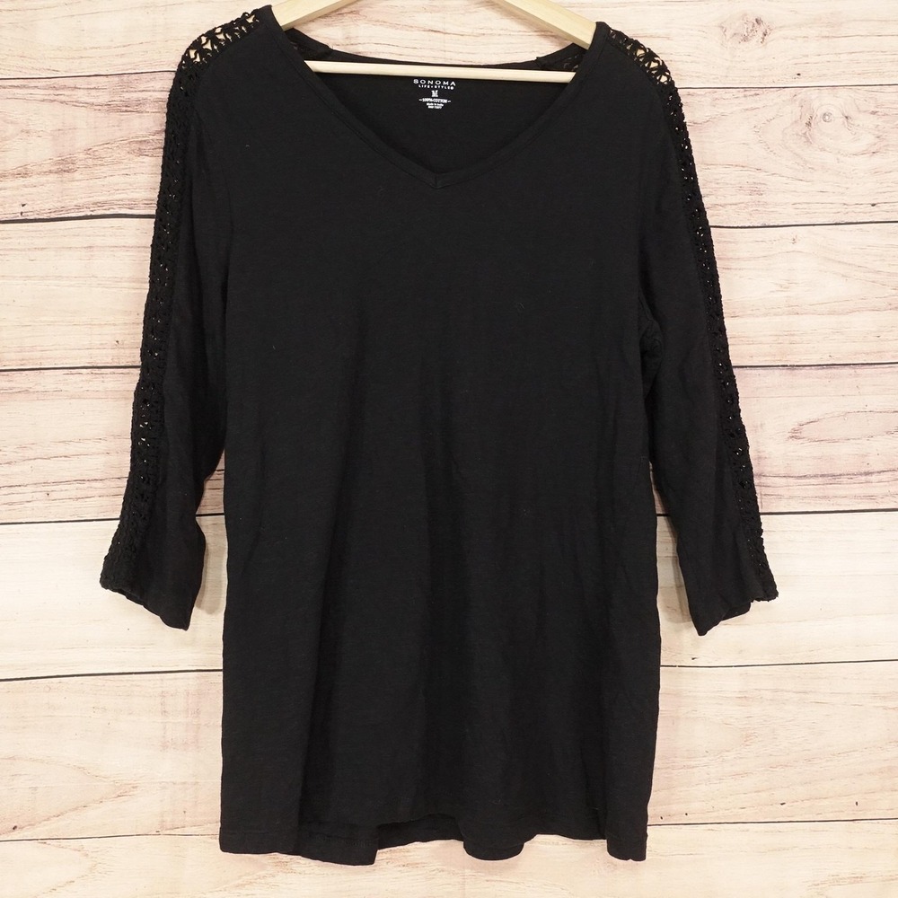 Sonoma Life + Style T-Shirt Womens M Black V-Neck 3/4 Sleeve Crochet Tunic Top